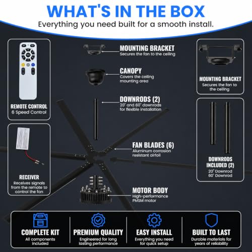 144-Inch HVLS Industrial Ceiling Fan Large Commercial Ceiling Fan +32,000 CFM with Remote, PMSM Motor, 6 Speeds, Reversible, for Warehouse, Gym, Barn, Shop, Garage | AA-Orion 144" (Black) - color: Orion 144" Black