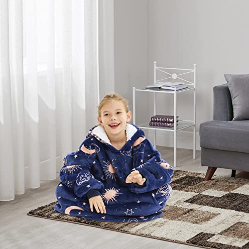THREE POODLE Wearable Blanket Hoodie for Kids, Oversized Sherpa Sweatshirt Blanket with Giant Hood, Warm Cozy Hooded Blanket, Cute Gifts for Kids Girls Boys - color: Deep Blue Star, size: Kids