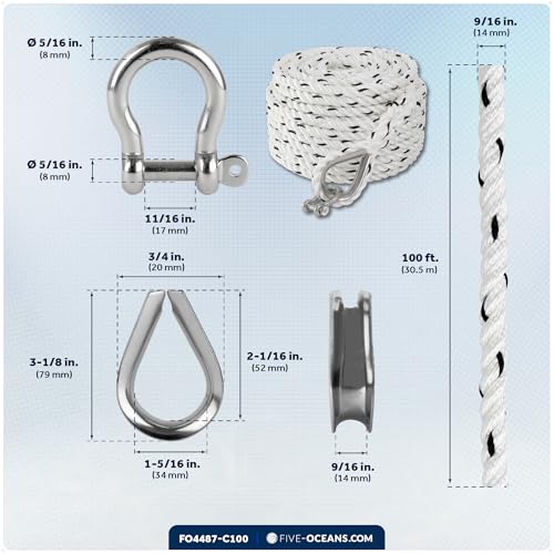 Five Oceans Anchor Line 9/16" x 100', Anchor Rope Line, Marine Premium 3-Strand White Nylon Boat Anchor Rope - Stainless Steel Thimble and Shackle, Ideal for Mooring Anchoring Towing - FO4487-C100 - style: 9/16 inch x 100 ft