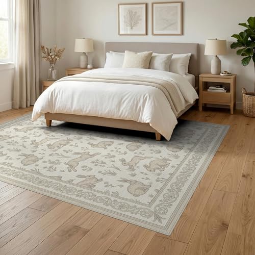6'x9' Washable Flatwoven Rug, Ivory Farmhouse Rabbit Stain Resistant Large Carpet Non-Slip Chair-Friendly Floor Mat for Dining Room, Under Table, Office | Ref:1969513 - color: Beige/Pattern 21, size: 6' x 9' (Rectangular)