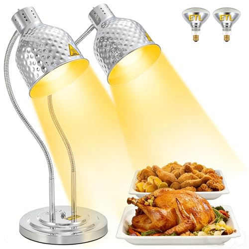 Dyna-Living Food Heat Lamp, 2-Head Adjustable Heat Lamp for Food Commercial Electric Food Warmer Lamp Catering Warming Lights for Buffet Parties Restaurant Kitchen, 500W - color: Silver