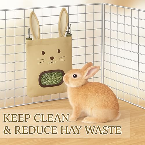 Rabbit Hay Feeder Bag - Hanging Rabbit Hay Feeder for Rabbits, Guinea Pigs and Chinchillas, Moss and Alfalfa Hay (Khaki) - color: Khaki, size: One Size
