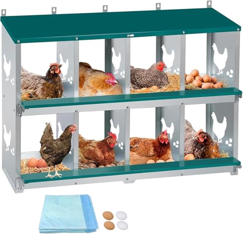 Chicken Nesting Box, 8 Compartments Nesting Box with 4 Fake Eggs & 10 Soft Nest Pads, Wall Mounting for Easy Egg Collection, Heavy Duty Galvanized Steel Rustproof Laying Box with Vented & Easy Clean - size: 8 compartment