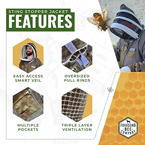 Sting Stopper Ventilated Beekeeping Jacket with Veil, Olive Green, X-Small | Triple Layer, Breathable, Long Torso, 7 Pockets, YKK Zippers, For Men & Women - color: Olive Green, size: X-Small