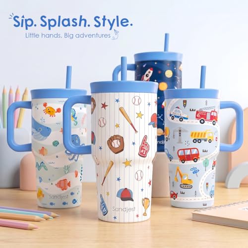 SANDJEST Solar System Stainless Steel Tumbler 20oz with Handle and Silicone Straw Locking Lid for Kids Boys Girls, Birthday Christmas Back to School - color: Solar System
