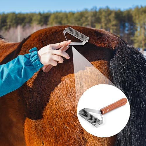 Abbylike Livestock Shedding Comb Grooming Dematting Brush Shedding Undercoat Rake for Cattle Horse Goat Cow Pets with 27 Stainless Steel Blades and Wood Handle - style: 1-sided