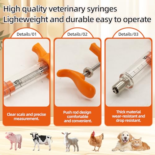 2Pcs Reusable Goat Drench Syringe with 2 Detachable Metal Drench Nozzles | Adjustable Dosage Drench Gun for Sheep, Pig, Cattle, Dog, Cat, Goat Feeding,Livestock Supplies 10ml and 20ml