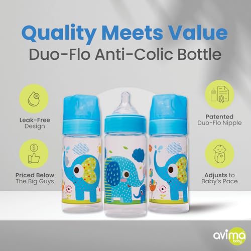 Avima 9 oz Anti Colic Baby Bottles w Medium Flow Nipples, 4-7M (Set of 3) | Wide Neck Stage 2 Silicone Nipples. Blue Elephants Design