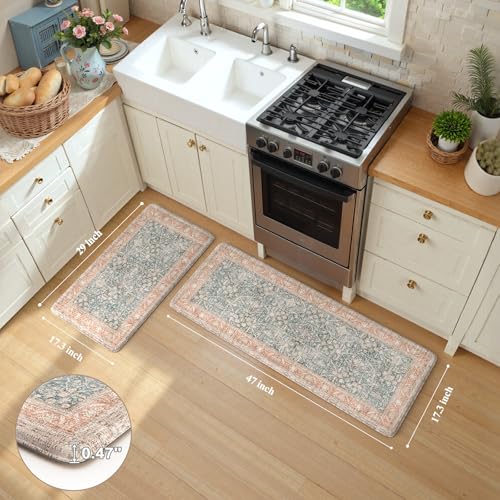 KIMODE Anti Fatigue Kitchen Mat,Farmhouse Kitchen Rug Sets of 2 Orange Blue | Non Slip Waterproof Vintage Kitchen Floor Mats,Cushioned Comfort Standing Mat for Sink,Desk,Laundry,Office,Apartment - color: Orange/Blue, size: 17.3" x 47"+17.3" x 29"--0.47 in