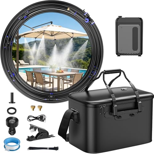 IGRL 26FT Portable Misting System for Cooling, Misters for Outside Patio with 20L Foldable Tank, 6000mAh Pump & 6 Adjustable Brass Nozzles for Umbrella, Camping, Golf Cart, Sport