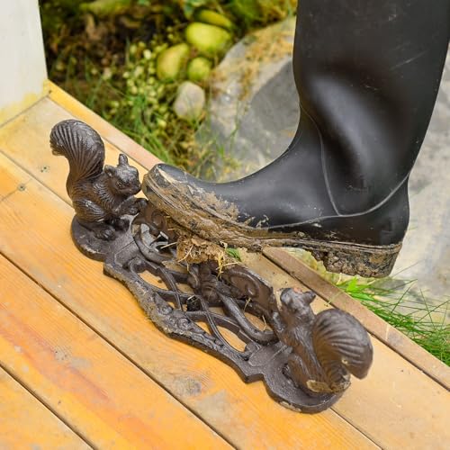 Sungmor Cast Iron Boot Scraper, Rustic Black Squirrel Boot Cleaner | Garden Front Door Entrance Shoe Scrubber Mat, Farmhouse Outdoor Patio Decorative Mud Cleaner