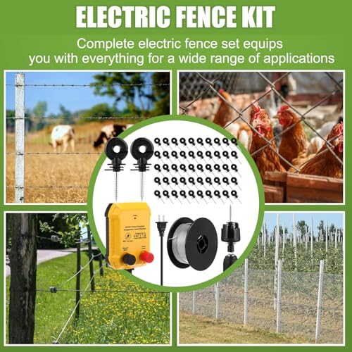 Electric Fence Charger Kit 0.35 J 7 Mile 50 Insulators 250ft Wire | 110V AC Range for Chickens Pets Poultry, Kit with Socket Tool, Aluminum Wire for Farm Pond Protection Plug in Garden - style: 0.35 Joule