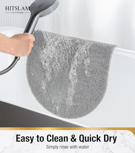 HITSLAM Oval Loofah Shower Mat Non Slip, 27x16 Inch, Grey | Bath Mat for Textured Tub & Inside Shower Stall, No Suction Cups Quick Drying PVC Porous Floor Mat, Soft Foot Exfoliating - color: Grey