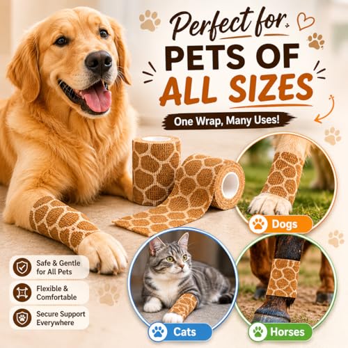 Premium Pet Vet Wrap — Non-Stick to Fur Self Adherent Bandage Wrap for Dogs, Cats & Horses, Breathable Cohesive Tape for Wounds, Paws & Legs, Animal Print Design - Pack of 2 - color: Giraffe Print
