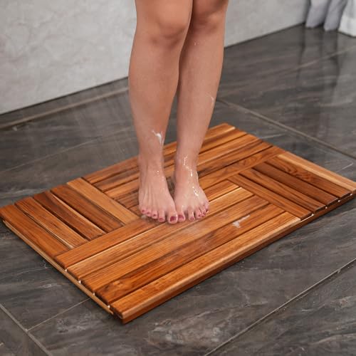Utoplike Teak Wood Bath Mat, Shower Mats for Bathroom 32 x 20 inch Large | with Non-Slip Pads, Wood Floor Sturdy Mat for Inside Shower, Luxury Spa Home or Outdoor - size: 32" x 20" (Rectangular)
