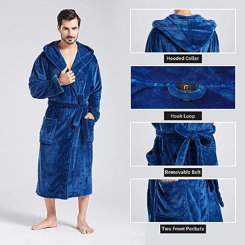 FashGudim Mens Hooded Robe Plush Shawl Collar Kimono Bathrobe Soft Warm Flannel Fleece Spa Robes House Coat Pajamas - color: Navy, size: Large-X-Large