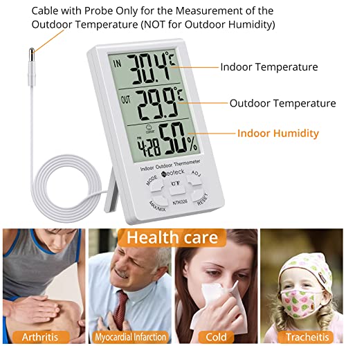 Neoteck 2in1 Thermometer Hygrometer with Clock LCD Display 1.5m Sensor Wire | ± 1°/5% High Accuracy Digital Humidity Temperature Meter with Clock for Indoor Outdoor Air Quality Condition Monitoring