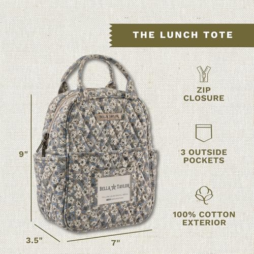 Bella Taylor Lunch Tote, Quilted Lunch Bag, Khaki Floral | Lightweight quilted cotton lunch box, easy-to-clean PEVA lining, 3 outside/1 inside pocket, durable construction - color: Khaki Floral