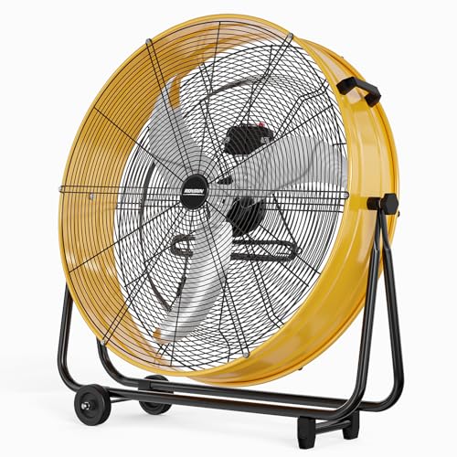 Bonnlo 30 inch Industrial Drum Fan, 13000CFM High Velocity Metal Floor Fan with Handle, 3-Speed, 360° Tilt, Heavy Duty, Air Circulator for Shop, Garage, Gym, Barn, Commercial, Yellow - size: 30'' (Yellow)