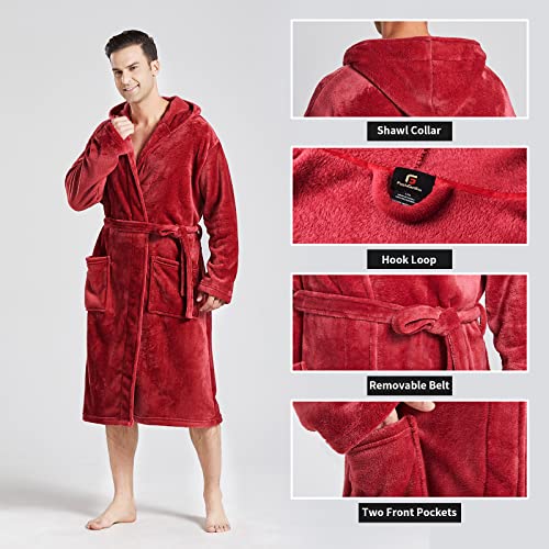 FashGudim Mens Hooded Robe Plush Shawl Collar Kimono Bathrobe Soft Warm Flannel Fleece Spa Robes House Coat Pajamas - color: Red, size: Small-Medium