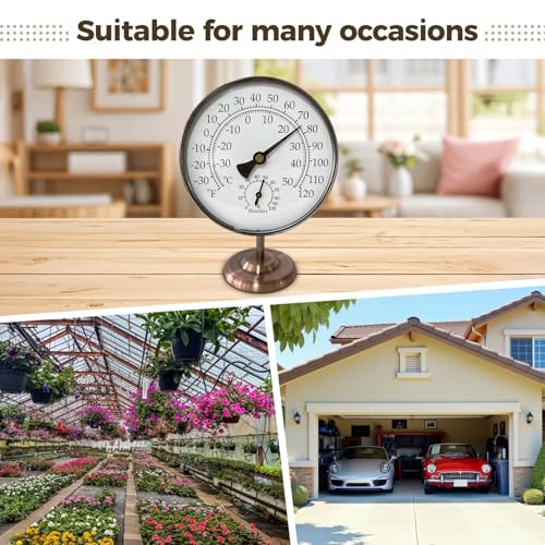 4’’ Outdoor Thermometer Hygrometer with Stand,Metal Waterproof Thermometer Gauge for Patio Indoor Outdoor Use,Easy Read Celsius Fahrenheit Dial,Battery Free,Weather Dial Hygrometer Thermometer