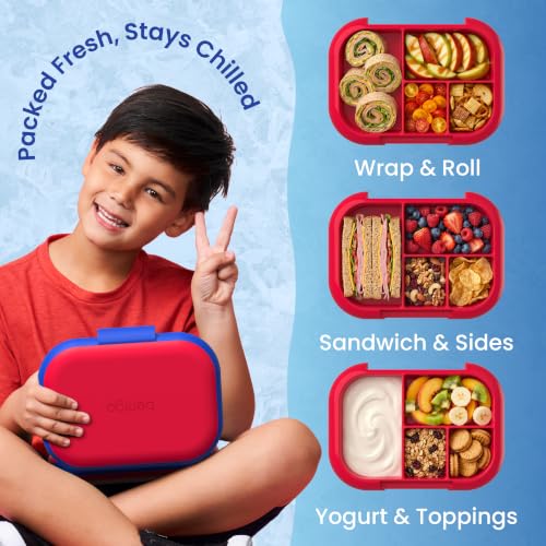 Bentgo Chill Kids 4-Compartment Bento Box Leakproof Lunch Box | Built-In Ice Pack, 3.3 Cup Capacity, BPA-Free, Microwave & Dishwasher Safe Tray, Ideal for Ages 3–7 (Red/Royal) - color: Red/Royal
