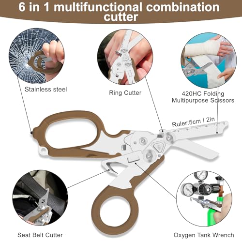 6-in-1 Heavy-Duty Emergency trauma shears (Bean Sand Colour) | Multifunctional Life-Saving Tool|Suitable for Emergency Rescue|Outdoor Exploration|DIY Construction and Maintenance - color: Bean Sand Colour