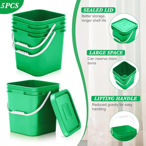 Mumufy 5 Pcs 3.5 Gallon Square Food Grade Bucket with Lid Square Bucket Pail Plastic Handles for Long Term Food Storage, Camping, Fishing, Home Organization Easy Stack and Store (Green) - color: Green