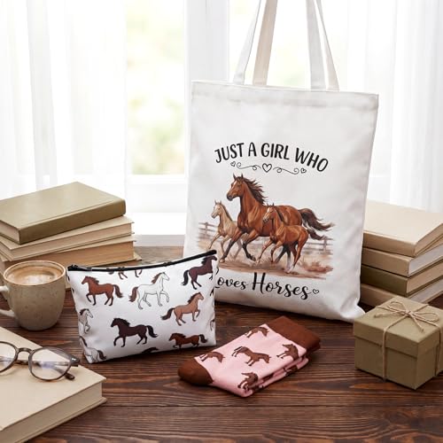 Tudomro 3 Pcs Funny Horse Gifts Set for Women Novelty Animal Crew Socks Canvas Tote Bag Makeup Bag Horse Lovers Gifts for Equestrian Birthday - style: Horse
