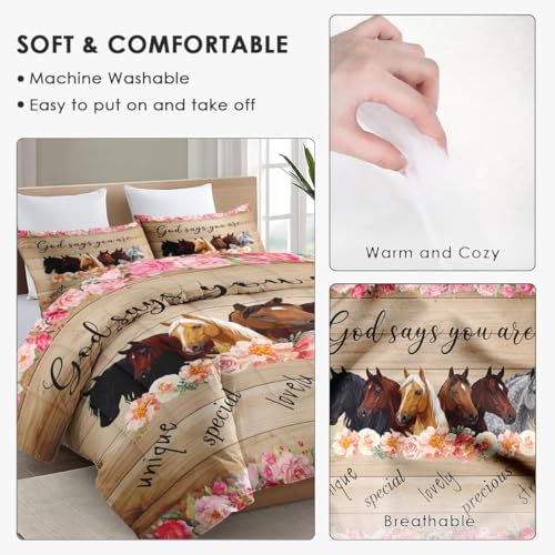 WeCozy Queen Comforter Set, 3 Pieces Colorful Horses Bedding, All Season | Animal Pink Flower Inspirational Thoughts Soft Comforter with 2 Pillowcases for Kids and Adults Room Bedroom Bed Decor - color: Multi 4, size: Queen