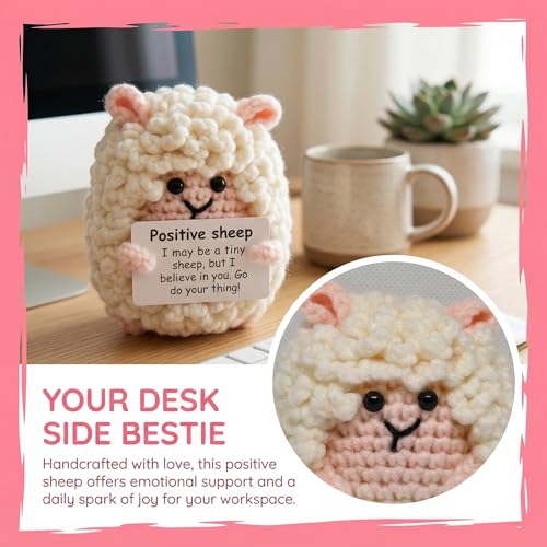 Handmade Crochet Sheep Figurine Desk Decor Encouragement Gift Her | Sheep Holds Positive Message Card In Hands. Soft Acrylic Yarn. Birthday Going Away Surprise