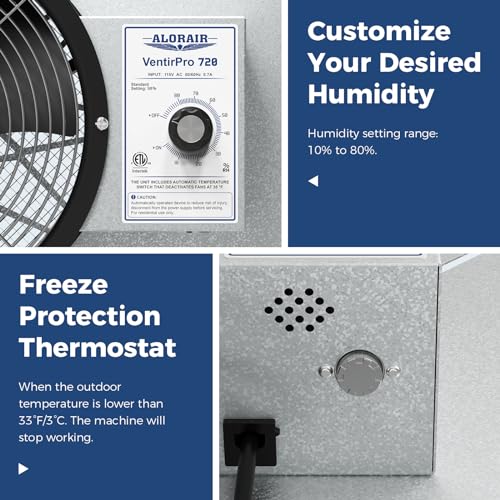 ALORAIR 720CFM Crawl Space Ventilator Fan with Humidistat & Thermostat | 10 Inch High Flow Powered Basement Vent Fan with Freeze Protection, IP-55 Rated Isolation Mesh for Crawlspace, Garage, Attic - size: Large