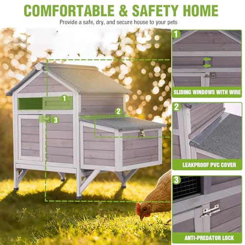 GUTINNEEN Small Chicken Coop Wooden Duck House for 2-3 Chickens with Nesting Box, Metal Tray, and Raised Legs, Foldable Door, and Perches 40.9" L