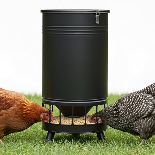 Solution4Patio 65 LB Large Chicken Feeder No-Waste, Portable Gravity Chicken Feeder Automatic, Dispenser, 16 Feeding Ports Poultry Feeder, Hen Coop (Black)