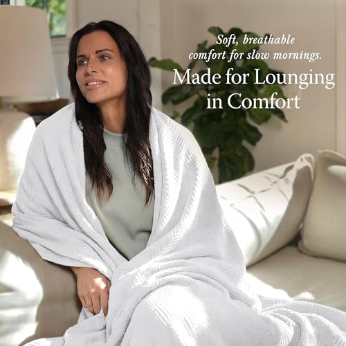 Threadmill Luxury 100% Cotton King Herringbone Blanket, Bright White | All-Season Thermal Blanket, Soft & Breathable, Cozy Moisture-Wicking, OEKO-TEX Certified, Machine Washable, 106x92 in - color: Bright White, size: King (106" x 92")