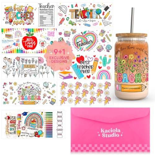 Kaciola 9 Sheets UV DTF Cup Wraps for 16 oz- Teacher Theme UV DTF Stickers, 1 Sheet Mysterious Pattern Transfer, Rub on Transfers Stickers for 16 oz Libbey Glasses Crafting - style: Teacher