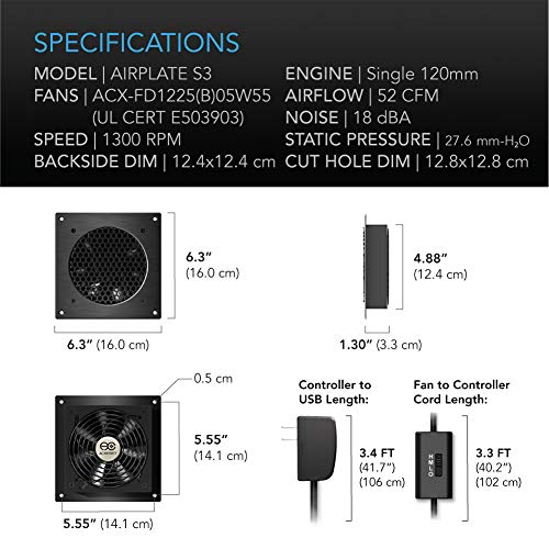 AC Infinity AIRPLATE S3, Quiet Cooling Fan System 6" | With Speed Control, for Home Theater AV Cabinets - size: Single 120
