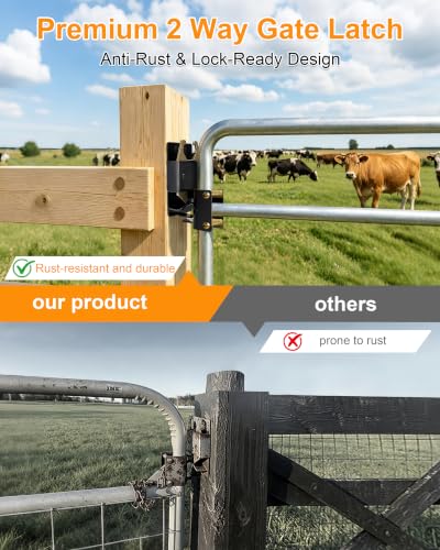 Valchoose Heavy Duty 2 Way Gate Latch, 8 Screws and Instructions, 1 Set | One Hand Pull Pin Opener, Padlock Hole, No Welding Round Tube Mount, Fits Livestock Fence Horse Corral Pasture Stable Ranch