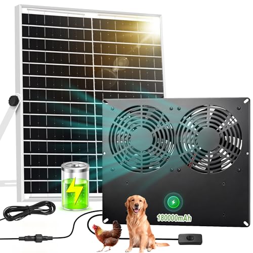 Metal Solar Dual Fan with Battery Day & Night Work Fans, 25W Solar Powered Fan for Chicken Coop with 18000mAh Battery, Outdoor Waterproof Greenhouse Solar Exhaust Fan for Shed, Pet Houses, Ventilation