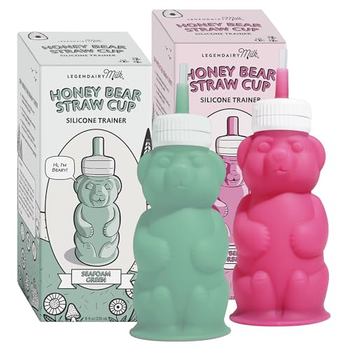 Legendairy Milk Honey Bear Straw Cup Silicone for Babies (Green/Raspberry), 8 oz. Dishwasher Safe Baby Straw Cup, Food Grade Silicone, Honeybear Sippy Cup for Ages 4+ Months (Pack of 2) - color: Green/Raspberry