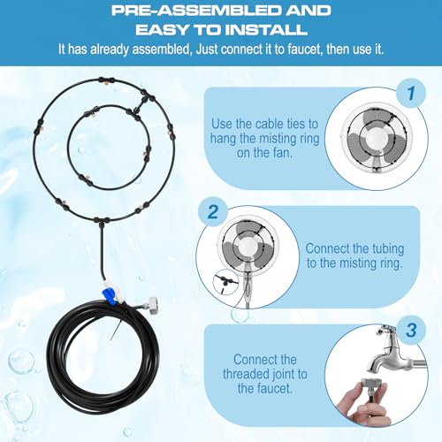 Outdoor Fan Misting System Kit 26.4FT with 8 Nozzles, Water Fan Misters for Cooling Outdoors, Water Sprayer for Backyard Portable Cooling Mist System for Outside Patio Garden Pool BBQ Greenhouse