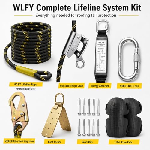 50FT Vertical Lifeline Assembly, Safety Rope,Fall Protection Rope cuerda, Safety Rope for Roofing,Polyester Roofing Rope with Hooks, Rope Grab, Roof Anchor and Knee Pads; ANSI Compliant