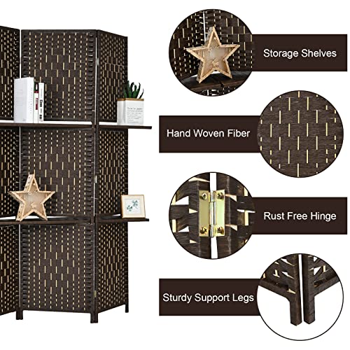 Giantex 6Ft 6 Panel Room Divider with Shelves, Freestanding Hand-Woven Rattan Folding Privacy Screens for Room Separation, Wooden Partition Room Divider Wall for Home Office Studio Separator - color: Brown