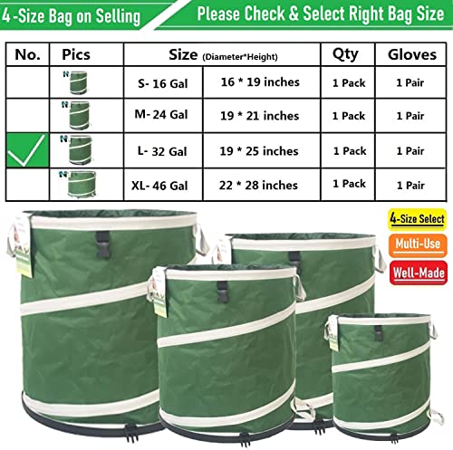 32-Gallon Collapsible Trash Can (19x25 in) Hard-Shell Bottom Leaf Bag,Yard Waste Bag,Garden Debris Container,Pop-Up Recycling Bin,RV Camping Waste Bin,Laundry Hamper,Lawn Grass Clippings,Weeds Basket - style: 32 Gallon Bag with Gardening Gloves