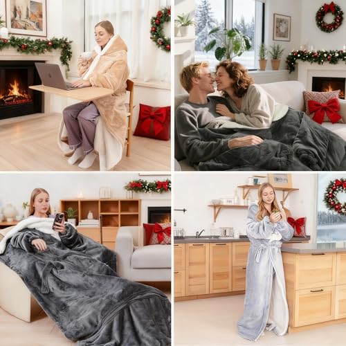 Wearable Heated Blanket for Women with Removable FootPocket,Electric Snuggle Heated Blankets Hoodie with Sleeves Heated Robe Flannel & Sherpa Heating Throw Blanket Shawl with 9 Temp for Winter 50"x80" - color: Dark Gray, size: 50"×80"