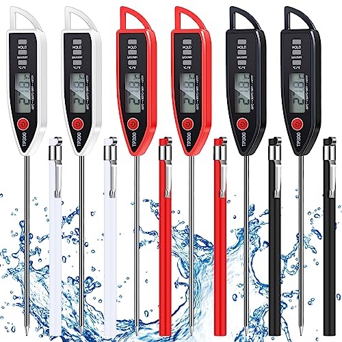 6 Set Digital Food Thermometer Long Probe Instant,Black, White, Red | Waterproof for Water Liquid Candle, Instant Temperature Read for Kitchen BBQ Grill Candy Meat, Foldable Probe Thermometer - color: Black,White,Red