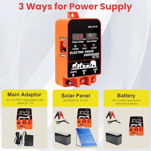 5.5J Electric Fence Charger Energizer, 5.5 Joules 10 Miles | AC DC 2 in 1 Powered Supply, Input 12V Output 8 KV or 12KV with Display and Alarm,Contain Cattle Cow and Livestock, No Remote