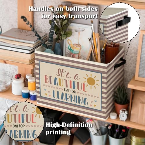 Boho Classroom Storage Bins Box with Handles, It's a Beautiful Day for Learning Neutral Striped Collapsible Basket Organizer for Classroom Kids Room Bedroom Playroom Books Clothes - color: Color01