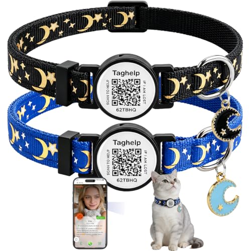 2 Pack Stars and Moon, Solid & Safe Safety Plaid Kitten Collars with QR ID Tag for Girl Boy for Cats, Pet Collar, Breakaway Cat Collar,Silent, Lightweight,Durable QR Code Pet ID Tags (Black&Blue) - color: Star & Moons - Black & Blue