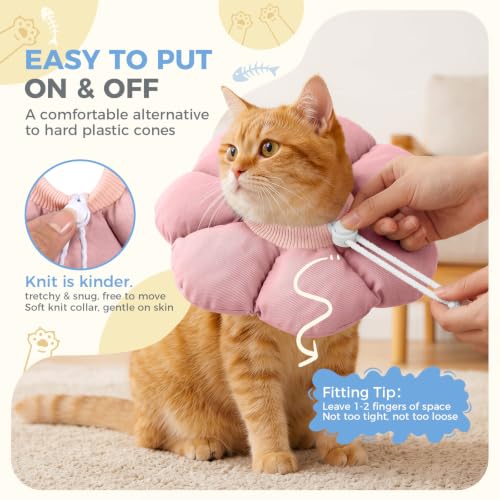 Avont Soft Cat Cone L Softpink Post-Surgery Anti-Lick Adjustable | Softpink L, Neck 9.8-13.8", Anti-Lick, Breathable, Lightweight, Soft Cotton, Adjustable Drawstring - color: Softpink, size: L (9.8" – 13.8")